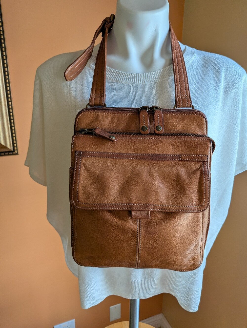 Vintage FASSIL Leather Crossbody Bag for Men - Tan